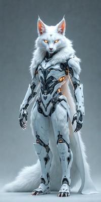 The primary subject of the image is a futuristic robot with a white and grey color scheme. The robot is wearing a white coat and has a fuzzy white tail. The setting is a white background, which provides a clean and minimalist appearance. The visual style is digital art, as the robot is depicted in a detailed and intricate manner. The colors and mood of the image are predominantly white and grey, giving it a sleek and modern feel.